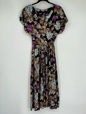 Vintage 90s All That Jazz Floral Midi Dress Button Up Purple Black Ditsy Fem